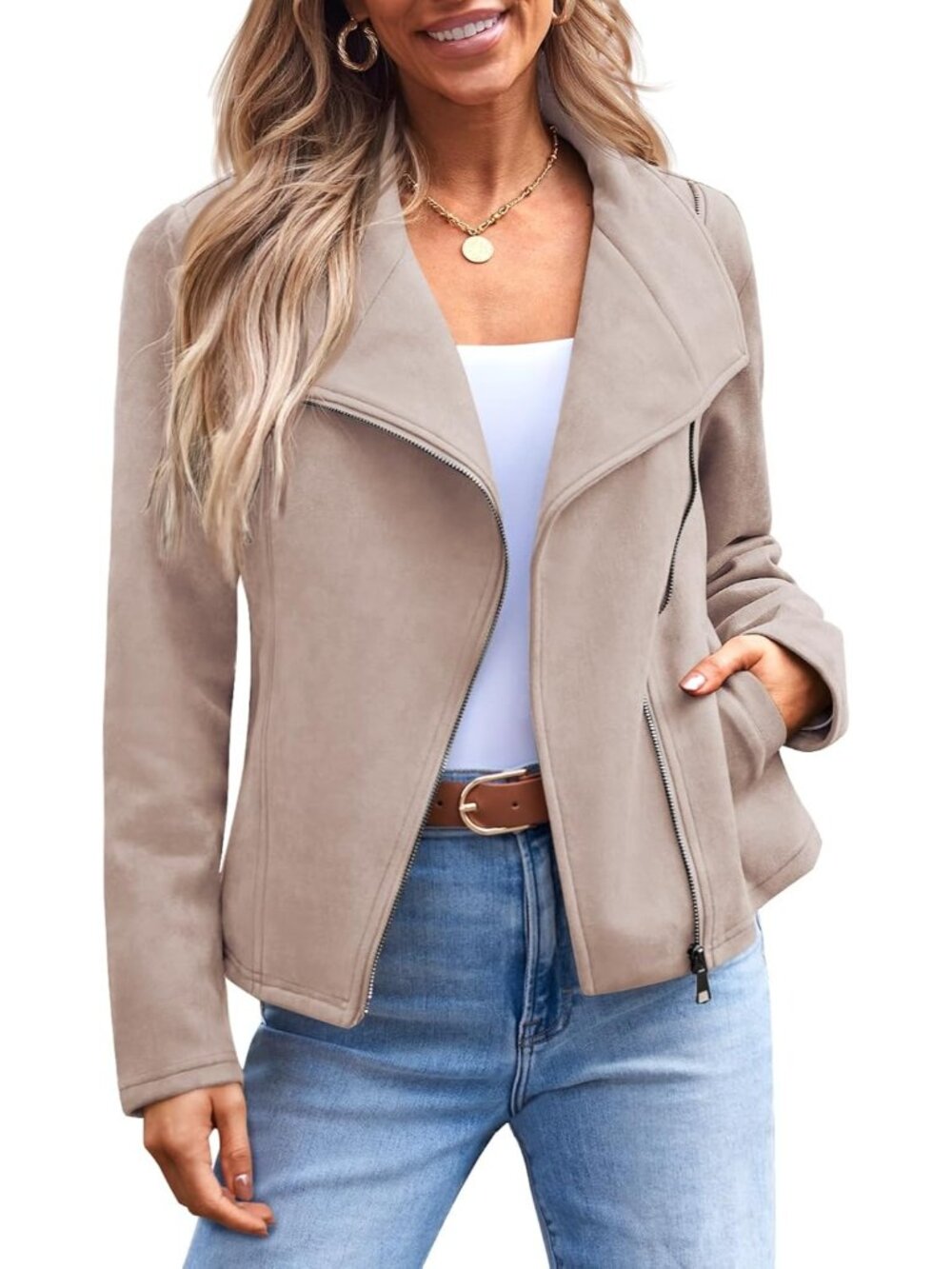 Women's Apricot Faux Suede Leather Lightweight Fall Jackets Versatile Jackets